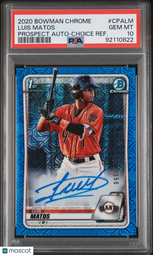 2020 Bowman Chrome Prospect Autographs Luis Matos #CPALM Choice Refractor PSA 10
