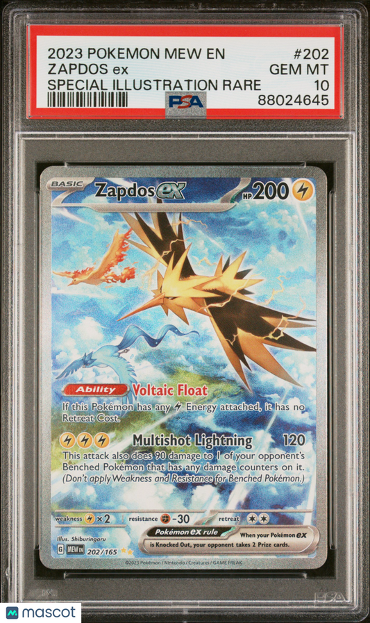 2023 Pokemon Mew EN-151 Zapdos EX #202 Special Illustration Rare PSA 10