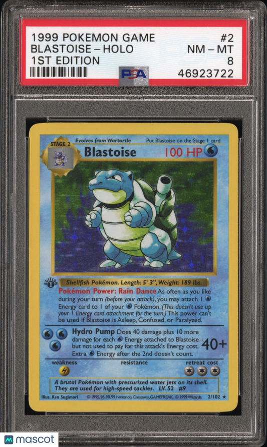1999 Pokemon Base Set Blastoise #2/102 1ST Edition PSA 8