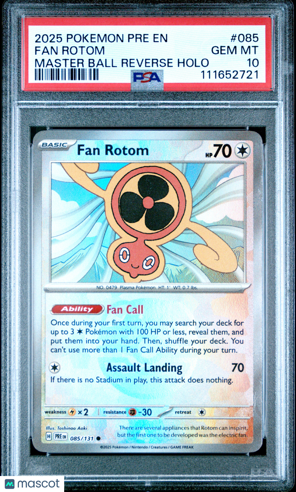2025 PokemonPrismatic Evolutions Fan Rotom #085 Master Ball Reverse Holo PSA 10