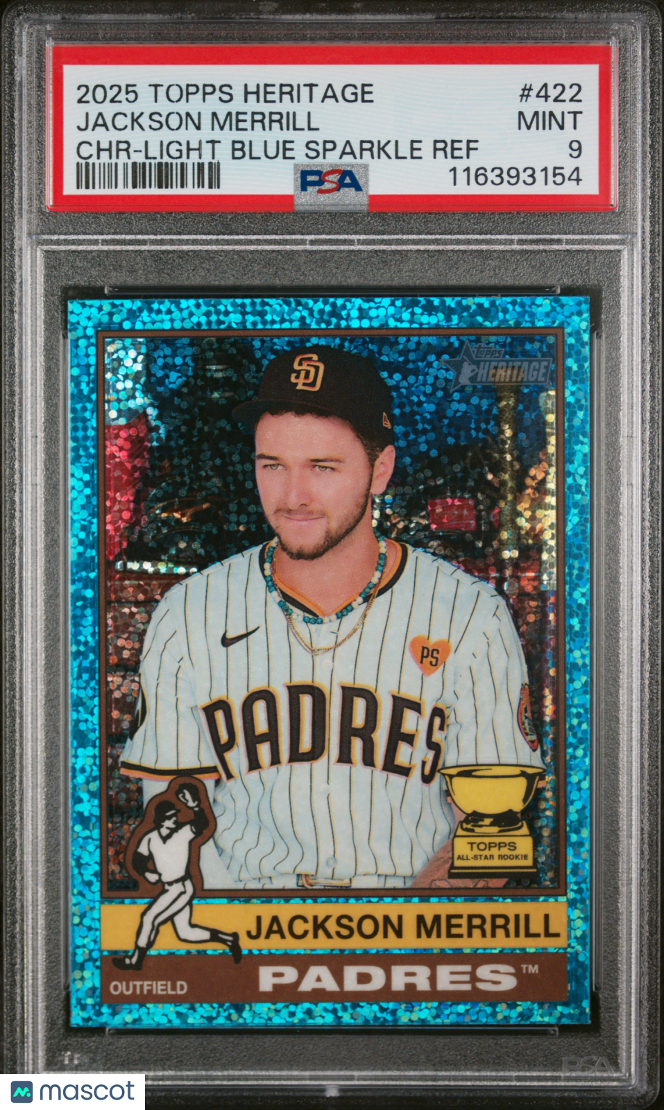 2025 Topps Heritage Jackson Merrill #422 CHR Light Blue Sparkle Ref PSA 9