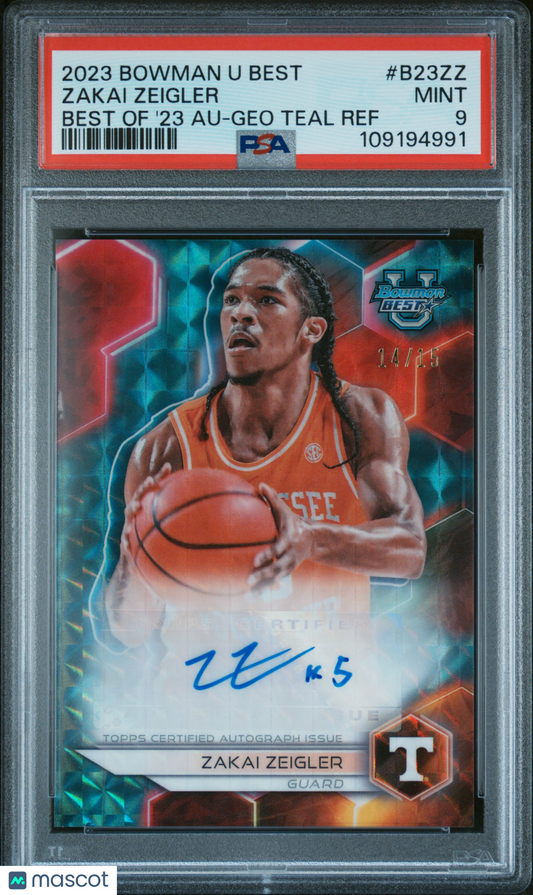 2023 Bowman U Best Of 2023 Auto Zakai Zeigler #B23ZZ '23 Geo Teal Ref PSA 9
