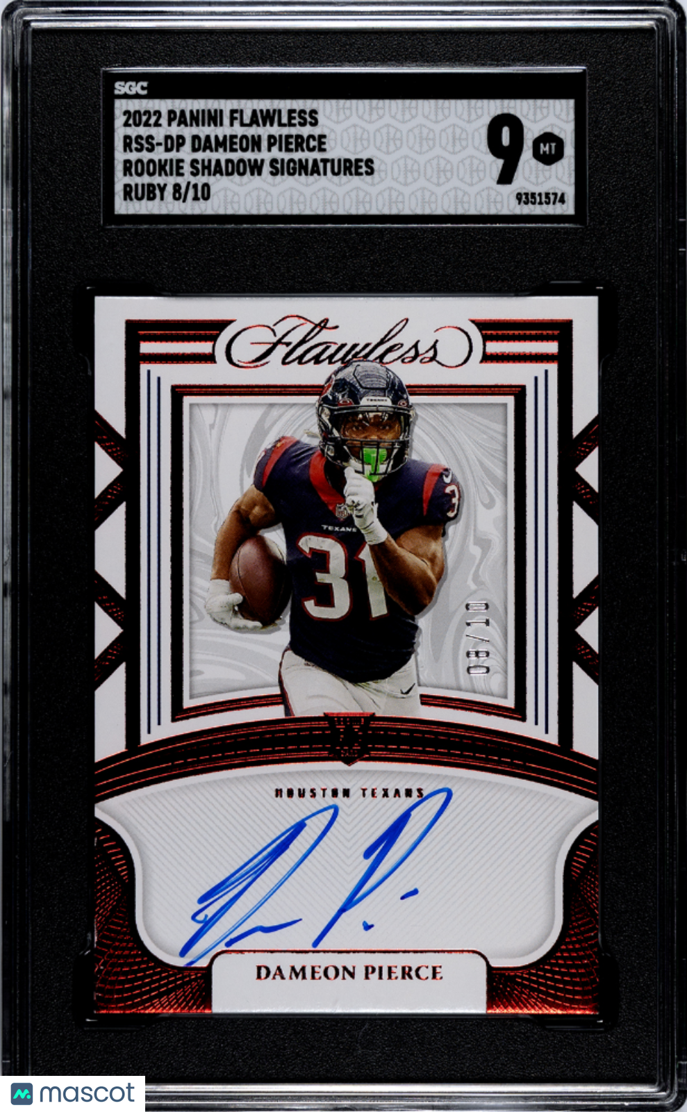 2022 Panini Flawless Dameon Pierce #RSS-DP Rookie Shadow Sigs. Ruby 08/10 SGC 9