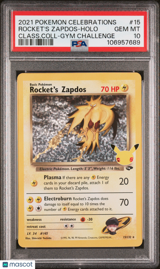 2021 Pokemon Celebrations Classic Collection Rocket's Zapdos #15 Class.Coll-Gym Challenge PSA 10