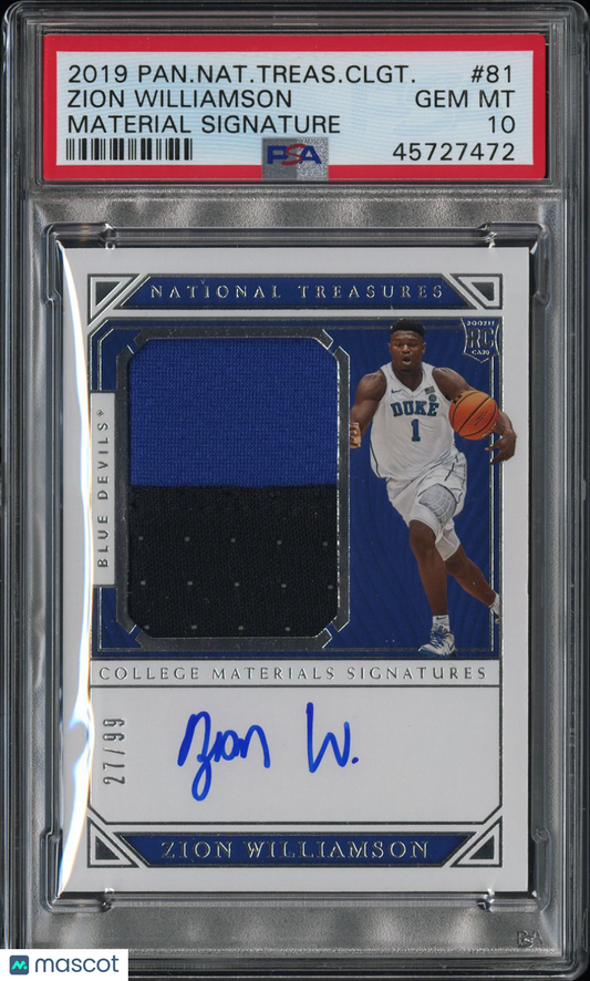 2019 National Treasures Collegiate Zion Williamson #81 Patch Auto RPA /99 PSA 10