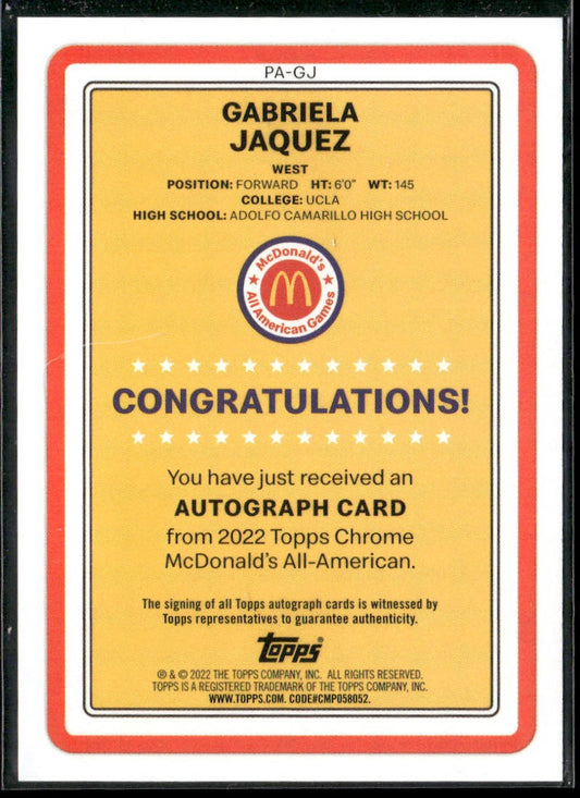 2022 Topps Chrome Mcdonalds All American Gabriela Jaquez Paper Auto #PA-GJ