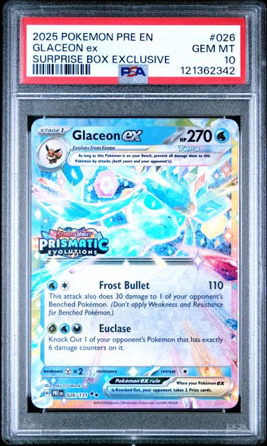 2025 Pokemon Glaceon ex Surprise Box Exclusive #026 PSA 10 Prismatic Evolutions STAMPED Promo